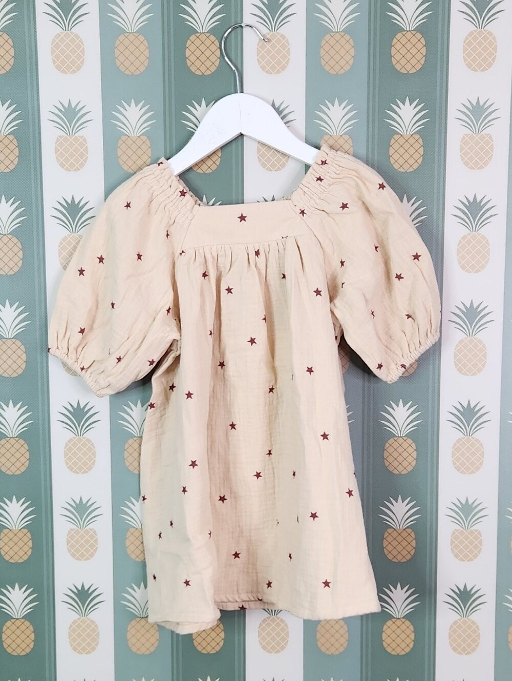 Rylee + Cru Cream Puff Sleeve Dress with Red Star Print